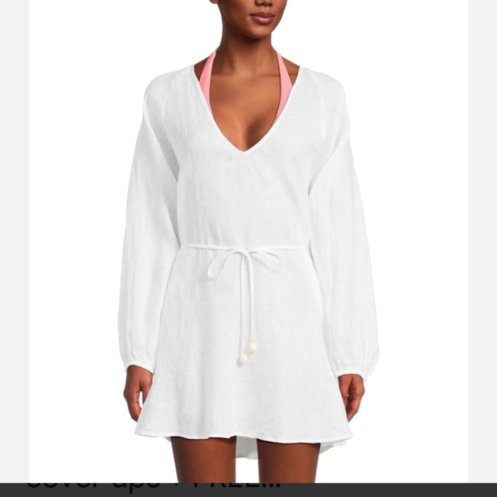 L.L. BEAN White V-Neck Long Sleeve Pullover Swim Cover Up